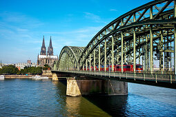 View over river Rhine with Hohenzollern bridge to cathedral, Cologne, North Rhine-Westphalia, Germany