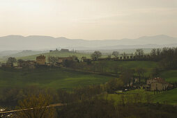 Trees and houses on rolling hills with cypresses in spring, Le Crete sienese, Tuscan landscape, Tuscany, Italy, Europe