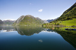 Fjord landscape under blue sky at the Maurangsfjord, Folgefonn peninsula, Kvinnherad, Hardanger, Hordaland, Norway, Scandinavia, Europe