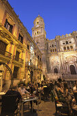 Cafe in Plaza del Obispo, cathedral in background, Malaga, Andalusia, Spain