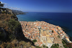 High angle view of Cefalu with Cathedral-Basilica, Cefalu, Sicily, Italy