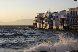 Houses on the waterfront at dusk, Little Venice, Mykonos Town, Greece, Europe