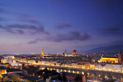 Illuminated city of Florence with Ponte Vecchio, Palazzo Vecchio, cathedral Santa Maria del Fiore and San Croce, Florence, UNESCO world heritage site, Tuscany, Italy