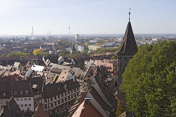 View from the Imperial castle towards the old town of Nuremberg, Franconia, Bavaria, Germany