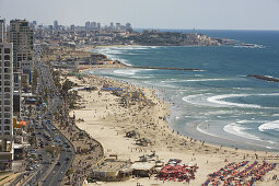 View at the Tayelet seaside promenade and the beaches, looking south to Jaffa, Tel Aviv, Israel, Middle East