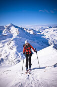 Woman backcountry skiing, Col Bechei, Dolomites, Trentino-Alto Adige/Südtirol, Italy