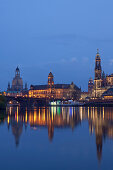 City view with Elbe River, Augustus Bridge, Frauenkirche, Church of our Lady, Ständehaus, town hall tower, Hofkirche and Hausmannsturm, tower of Dresden Castle, Dresden, Saxony, Germany