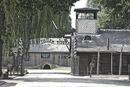 Main entrance and buildings of Auschwitz main camp entrance, Oswiecim, Poland, Europe