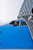 Boy in cockpit, Munich airport, Bavaria, Germany