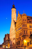 Illuminated city hall of Rothenburg at night, Rothenburg ob der Tauber, Bavaria, Germany