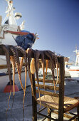 Calamari drying in the sun, sun-dried calamari, Naussa, Paros, Mediterranean sea, Greece, Europe