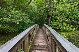Holzbrücke über den Wassergraben im Landschaftspark von Schloss Agathenburg, Stade, Niedersachsen, Deutschland