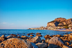 Old town, cathedral and cliff La Rocca, Cefalú, Palermo, Sicily, Italy