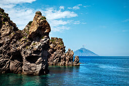 View from Panarea to Stromboli volcanic Island, Aeolian islands, Sicily, Italy