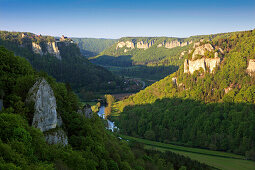 View over the Danube valley towards Werenwag castle, Upper Danube nature park, Danube river, Baden-Württemberg, Germany