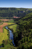 View over the Danube valley towards Beuron monastery, Upper Danube nature park, Danube river, Baden-Württemberg, Germany
