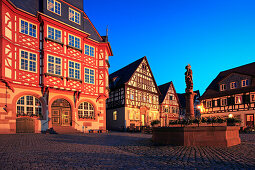 Illuminated market square with town hall and market fountain, Heppenheim, Hessische Bergstrasse, Hesse, Germany