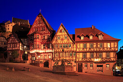 Schnatterloch, half-timbered houses at the market place, Miltenberg, Main river, Odenwald, Spessart, Franconia, Bavaria, Germany