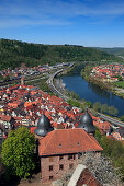 View from the castle over the Old Town and the Main river, Wertheim, Main river, Odenwald, Spessart, Baden-Württemberg, Germany