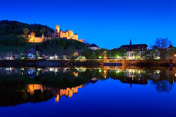 View over the Main river to the castle, Wertheim, Main river, Odenwald, Spessart, Baden-Württemberg, Germany