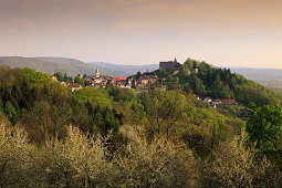 View over cherry blossom to Lindenfels, Odenwald, Hesse, Germany