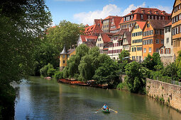 Rowboat at Neckar river, water front with Hölderlin tower, Tübingen Neckar, Baden-Württemberg, Germany