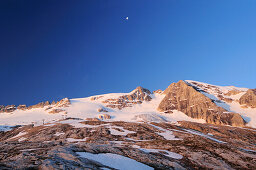 View towards Marmolada with ski lift and Marmolada glacier, Marmolada, Dolomites, UNESCO World Heritage Site Dolomites, Trentino, Italy