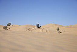 Toyota Landcruiser driving down dune, Chott El Jerid, Tunesia, Africa