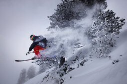 Male free skier jumping, Mayrhofen, Ziller river valley, Tyrol, Austria