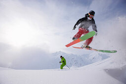 Male free skier jumping, Mayrhofen, Ziller river valley, Tyrol, Austria