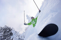 Male free skier in deep snow, Mayrhofen, Ziller river valley, Tyrol, Austria