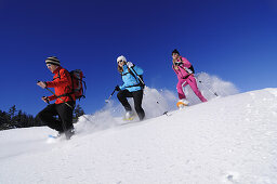 People snowshoeing, Hemmersuppenalm, Reit im Winkl, Chiemgau, Upper Bavaria, Bavaria, Germany, Europe