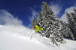 Skier in the deep powder snow, Reit im Winkl, Chiemgau, Upper Bavaria, Bavaria, Germany, Europe