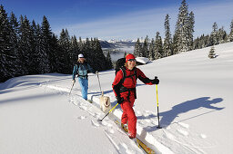 People ski touring through snowy landscape, Dürrnbachhorn, Reit im Winkl, Chiemgau, Upper Bavaria, Germany, Europe