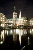 View over Alsterfleet to city hall at Christmas time, Hamburg, Germany