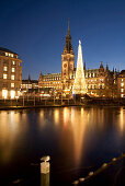 View over Alsterfleet to city hall at Christmas time, Hamburg, Germany