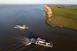 Aerial shot of car ferries, Suederelbe and Unterelbe near Wischhafen, Lower Saxony, Germany