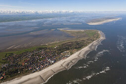 Aerial of North Sea islands, Wangerooge and Spiekeroog with the mainland in the background, Lower Saxony, Germany