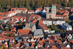 Aerial shot of old town with St. Peter's Cathedral, St Mary's church and Town Hall, Osnabruck, Lower Saxony, Germany