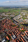 Aerial shot of old town on Schwinge island, Stade, Lower Saxony, Germany