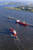 Aerial view of a red oil tanker, oil pier, Wilhelmshaven, Lower Saxony, Germany