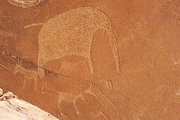 Prähistorische Felszeichnungen als Felsritzung mit Elefant und Antilopen, Twyfelfontain, UNESCO Weltkulturerbe Twyfelfontain, Damaraland, Namibia