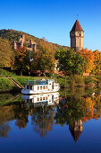 View over river to Spitzer Turm and Wertheim castle, Wertheim, Baden-Wuerttemberg, Germany