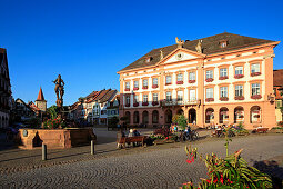 Fountain with knight and town hall in market place, Gengenbach, Black Forest, Baden-Wuerttemberg, Germany