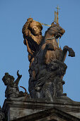 Sculpture of St. James at gable of Palacio de Rajoy, Plaza Obradoiro, Santiago de Compostela, Province of La Coruna, Galicia, Northern Spain, Spain, Europe