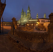 Illuminated cathedral in the evening, Praza do Obradoiro, Santiago de Compostela, Galicia, Spain
