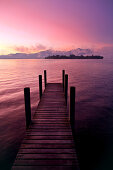 Morning mood in Gstadt with a view on Fraueninsel, Chiemsee, Chiemgau, Upper Bavaria, Bavaria, Germany