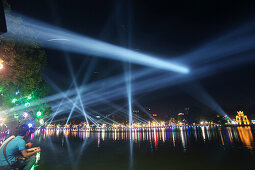 Lasershow over Hoan Kiem Lake with Thap Rua temple, Hanoi, Vietnam, Asia
