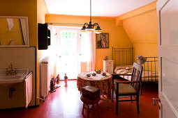 Bedroom at Gerhart-Hauptmann-Haus, Haus Seedorn, Kloster, isle of Hiddensee, Mecklenburg-Western Pomerania, Germany, Europe