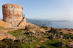 Hike to the Tower of Turghio at Capo Rosso, view over the sea from the cap, Mediterranean Sea, Porto, Corsica, France